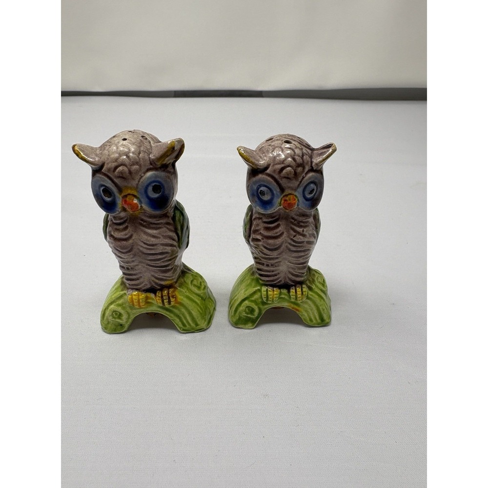 Vintage Japan Owl Salt And Pepper Shakers 3" Hand Painted Colorful Retro MCM